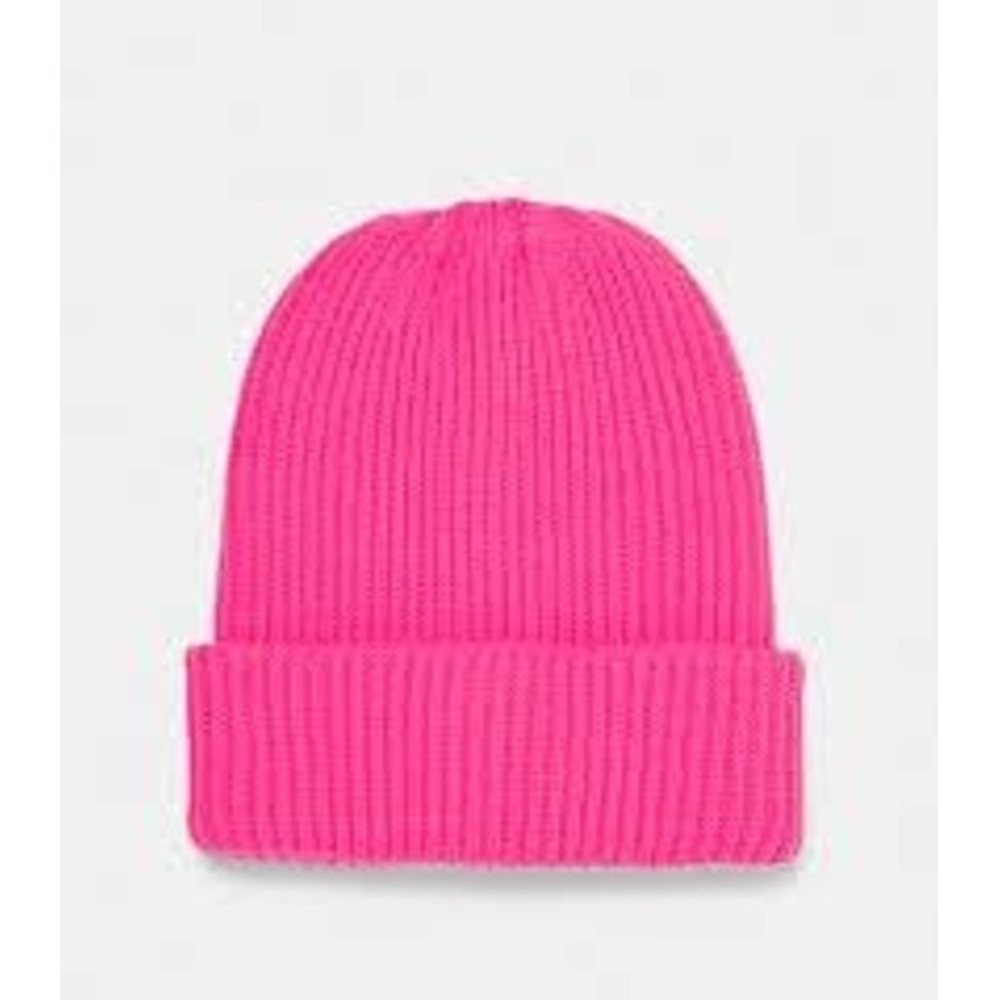 Neon Pink Ribbed Knit Cuffed Beanie Hat One Size Unisex 100% Acrylic